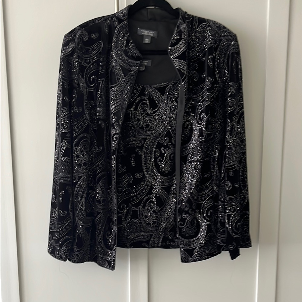 Elegant Black and Silver Paisley Top and Jacket